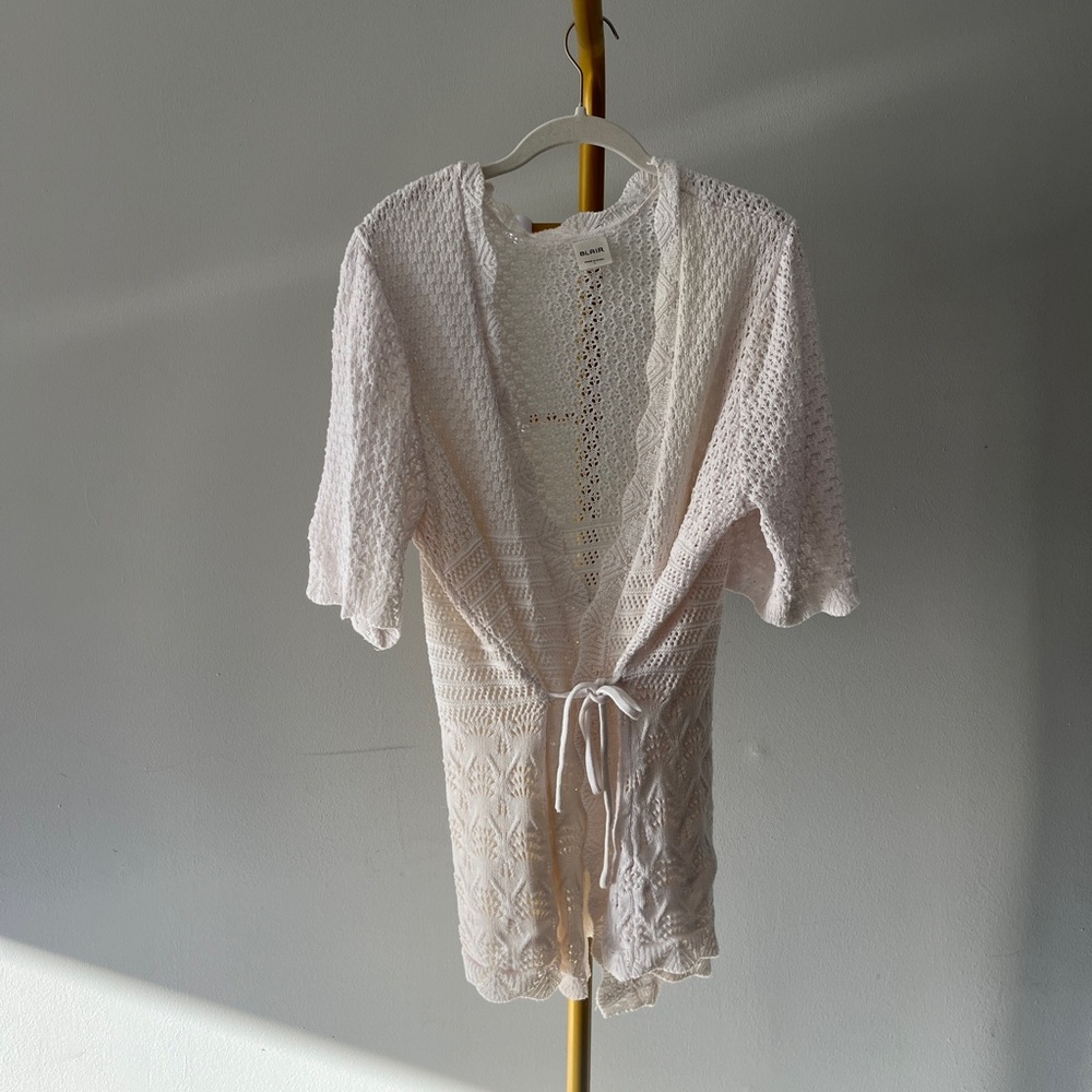 Blair White Crochet Open-Knit Cardigan Sweater Short Sleeve Tie Front L